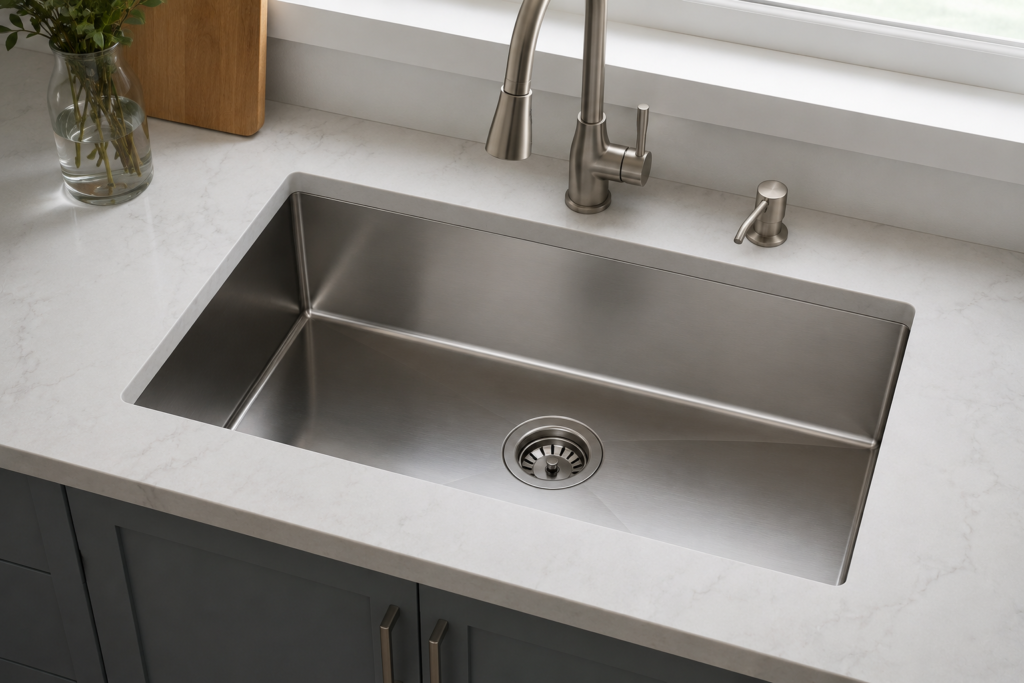 Stainless Steel Undermount Kitchen Sink Installed in Quartz Countertop