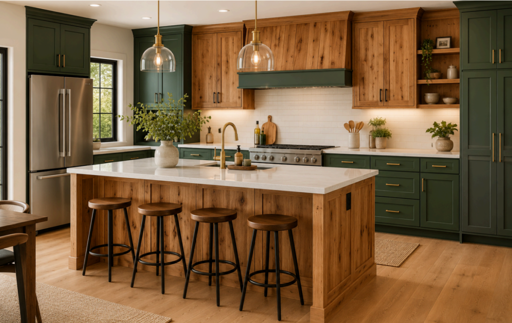 Two-Tone Kitchen Cabinets featuring Hunter Green and Natural Hickory Wood RTA Cabinets with Quartz Island