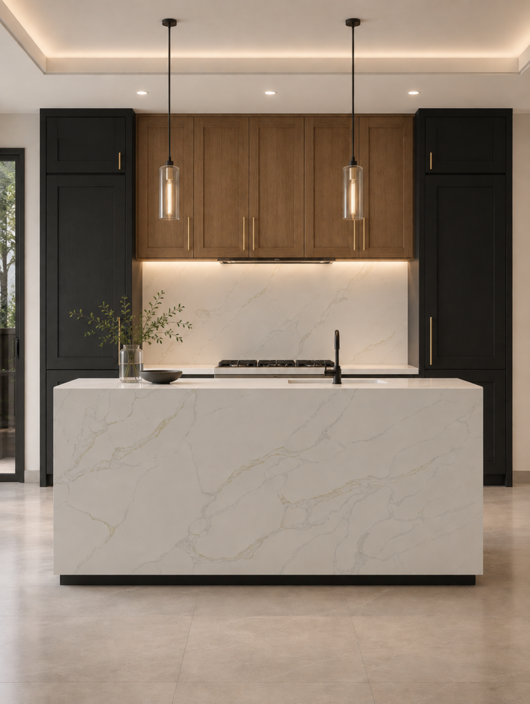 Modern black shaker kitchen cabinets in an L-shaped layout with white quartz countertops, ideal for 10x10 kitchen remodeling in Seattle, WA